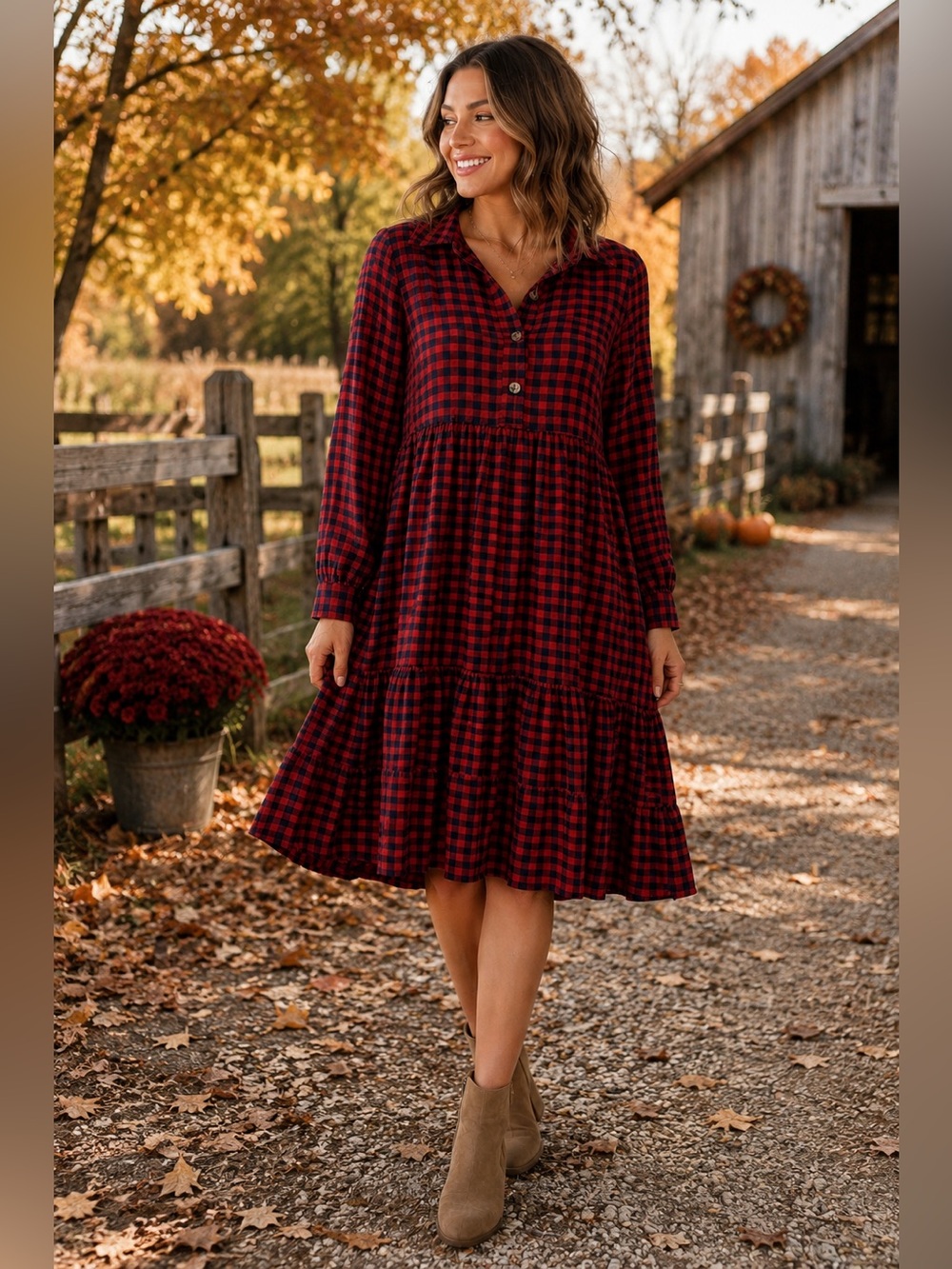 Zara Buffalo Plaid Babydoll Midi Dress XSRed & Navy Check.Cottagecore Fall Style
